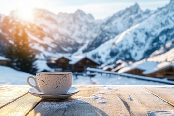 Enjoying a warm coffee on a wooden table with snow-capped mountains in the background during sunset, Coffee cup on wooden table with snowy mountain resort view Winter travel concept