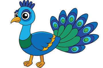 Cartoon Peacock with Blue Plumage and Distinctive Green, Light Blue, and Dark Blue Tail Feathers