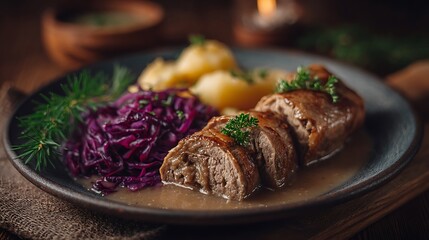 Beef rouladen dish with red cabbage and potatoes