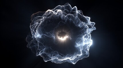 Matte black void hosts a luminous data vortex orbiting a radiant core