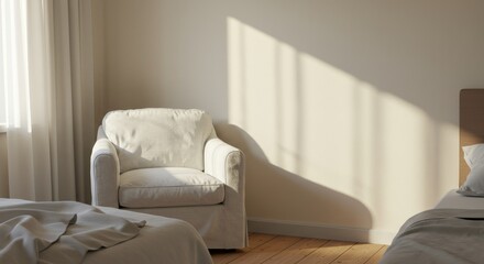 Fototapeta premium Sunny Morning Bedroom Interior - Sunlight streams into a bedroom, illuminating a white armchair and a bed with soft linens. Peaceful and serene atmosphere