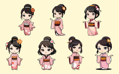 chibi characters bundle cute yukata girl with sakura character set
