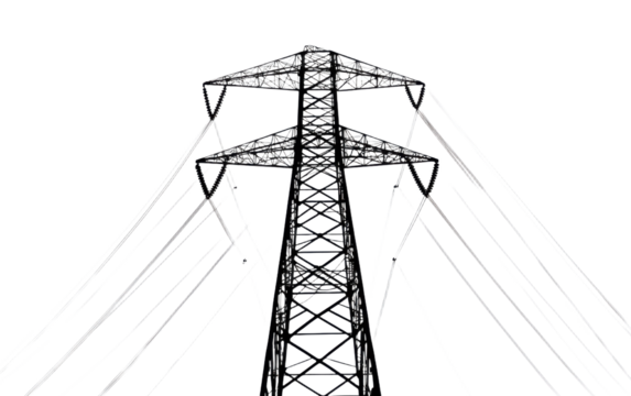 Tall power line tower with many wires