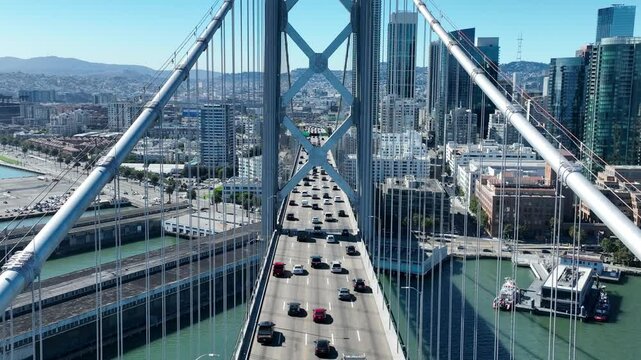 Oakland Bay Bridge In San Francisco California United States. Elevated Road Bridge Symbol Of The City Viewed From Above. Town Clouds Sky Backgrounds Urban. Town Outdoor Downtown Famous.