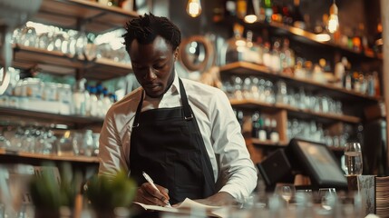 Bartender with apron taking notes at the counter in a restaurant with shelves and bottles behind him