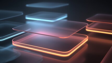 Neon-lit floating UI layers stack in 3D space with glowing edges and depth