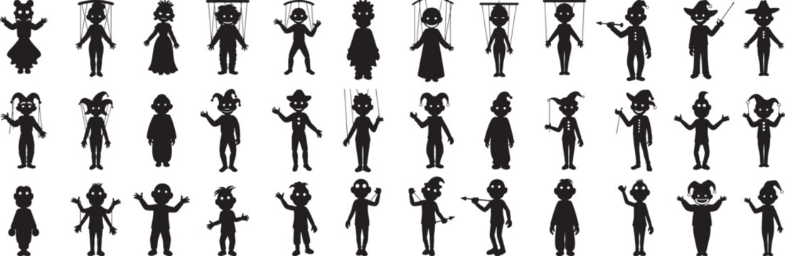 Vector silhouettes of puppets collection marionette set on white background puppet show characters