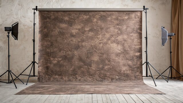 Professional studio setup with a rugged troweled concrete effect backdrop and lighting equipment