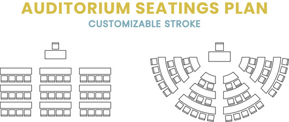 Auditorium seatings plan icon set, classroom, meeting, conference, seminar, training, semicircle arrangement, desk, customizable stroke, vector, illustration