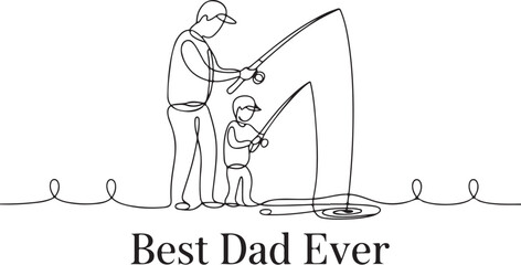 Father and son fishing best dad ever continuous line art illustration showing love and family bonding silhouette against white background