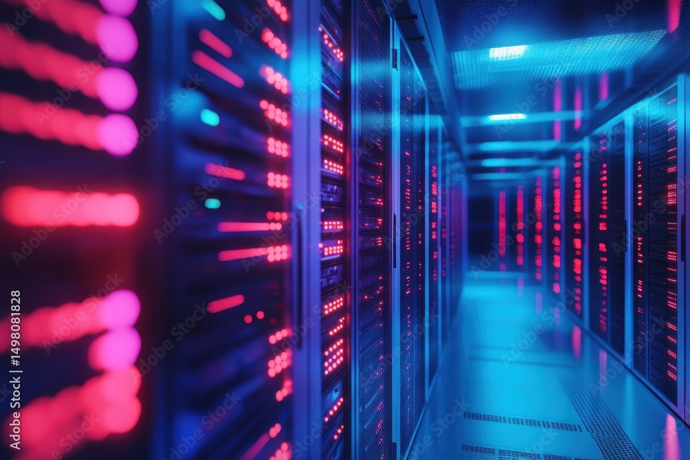 Poster modern technology room showcasing illuminated server racks with colorful data streams, abstract mode