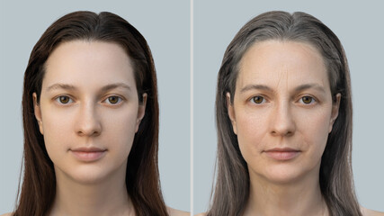 concept of facial aging. Woman young and old, comparison. skin aging, wrinkles and gray hair