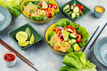 Vegetable Buddha Bowls with Fish cutlets.