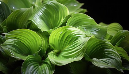 Close-up of backlit lush green leaves with prominent veins on dark background.