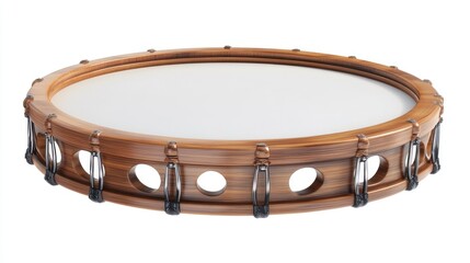 Isolated wooden snare drum with white head and chrome hardware on white.