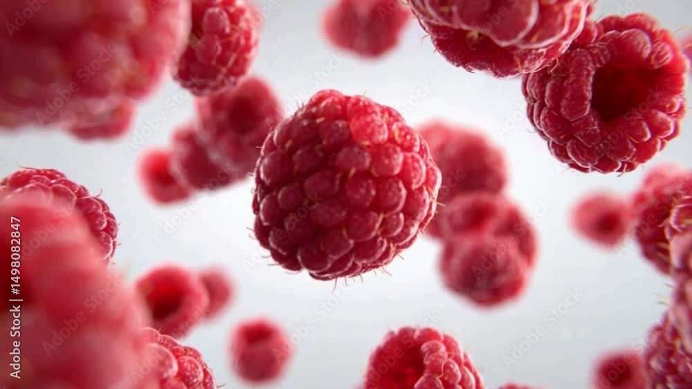 Poster raspberry delight: captivating overhead shot of a group of vibrant raspberries, suspended and elegan