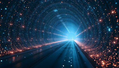Obraz premium 3D digital mesh tunnels with pulsating light nodes and deep perspective .