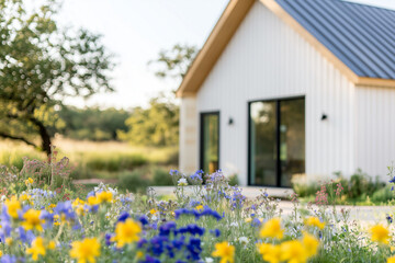 Obraz premium A charming cottage with wildflowers flourishing in the foreground against a backdrop of open space and vibrant scenery.