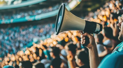 Man yelling into a megaphone in a stadium full of fans. Excitement!