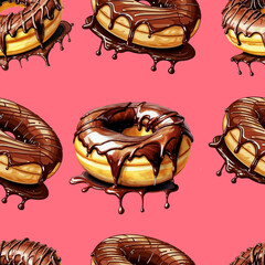 chocolate-covered donut, sweet pastries, dessert, pattern, seamless texture. watercolor illustration. artificial intelligence generator, AI, neural network image. background for the design