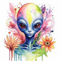 an alien with big eyes in flowers, a space man, a ufo. watercolor illustration. artificial intelligence generator, AI, neural network image. background for the design
