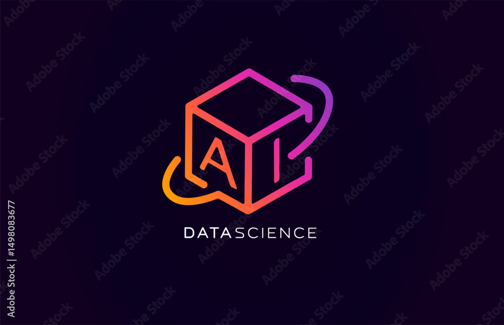 Leinwandbilder Lines 3D cube, Data science AI logo in futuristic neon style for tech branding, machine learning tools, big data analytics. Modern abstract bigdata icon. Vector illustration