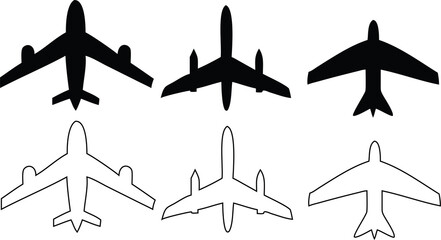 Aeroplane icon set in flat and outline style, vector travel and flight symbols.
