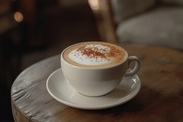 Warm cappuccino on a rustic wooden table in a cozy cafe setting on a quiet afternoon, Closeup of warm cappuccino coffee on a table seamless ing