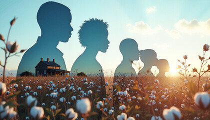 Silhouettes of African American slaves in cotton fields with a historical plantation house in the background, symbolism of Juneteenth and freedom concept.  For Juneteenth, Black History Month, Kwanzaa