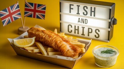 Fish and Chip Day, Fish and chips takeout meal with lemon and sauce.