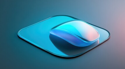 A sleek, blue, transparent computer mouse rests on a glass mousepad.