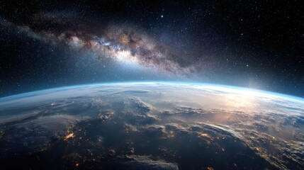 Earth from space showing milky way galaxy stars and atmospheric glow.