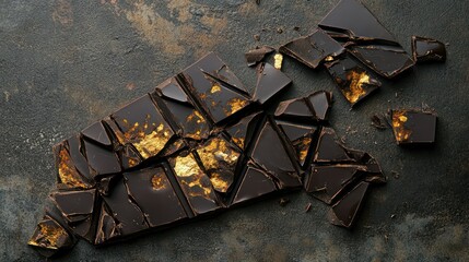Broken dark chocolate bar with gold flakes on a textured dark surface.