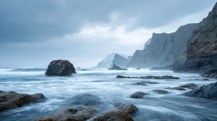 rocky coastline with crashing waves and  cliffs, cloudy sky
