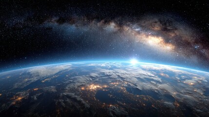 Planet earth view from space with clouds and city lights visible.