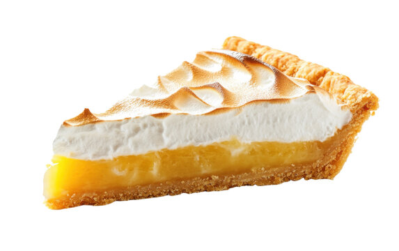 Slice of lemon meringue pie is shown on a white background