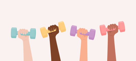 Hands of women of different skin tones holding up colorful dumbbells. Flat vector illustration