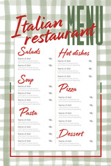 Green plaid menu. Italian wedding and restaurant . Good for banners, greeting and business cards, invitations, flyers, brochure, post in social networks, advertising, events and page cover.