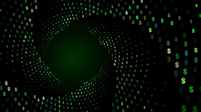A dark background with a swirling vortex of green dollar signs of varying shades
