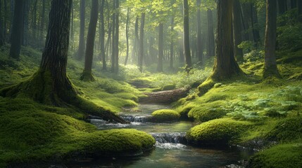 Obraz premium A lush forest with a mossy stream, sunlight filters through trees.