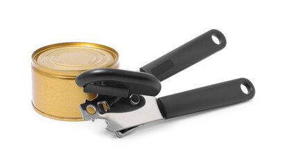 Can opener and tin isolated on white
