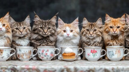 A row of kittens sitting in front of a cupcake.
