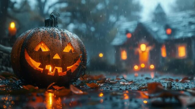 lentera labu halloween di depan rumah hantu