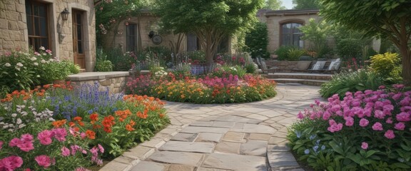 Obraz premium Lush blooms surround new stone patio Vibrant flowers thrive in neatly edged beds , borders, outdoor, patio