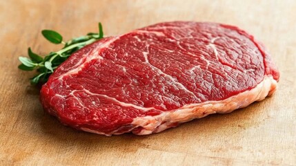 Fototapeta premium A raw steak with a green herb garnish.