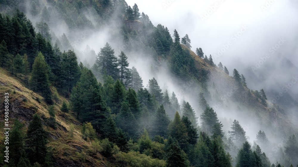 Poster forested hillside with fog and mist obscuring the trees.