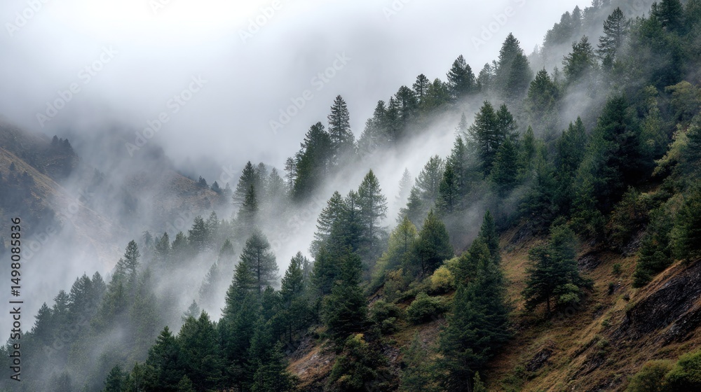 Poster trees on a hillside are partially obscured by fog or mist.