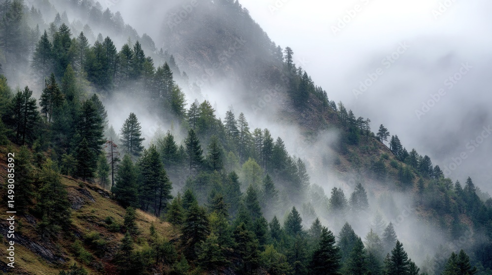 Poster forested hillside with evergreen trees shrouded in mist and fog on a cloudy day.