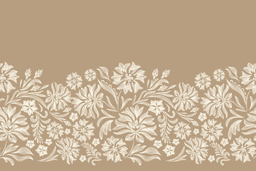 Vintage Floral patterns seamless background border embroidery ethnic batik retro. Flower motifs paisley batik. Brown silhouette watercolour flowers ikat design hand drawn. Vector illustration.