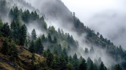 Forested hillside with evergreen trees shrouded in mist and fog on a cloudy day.